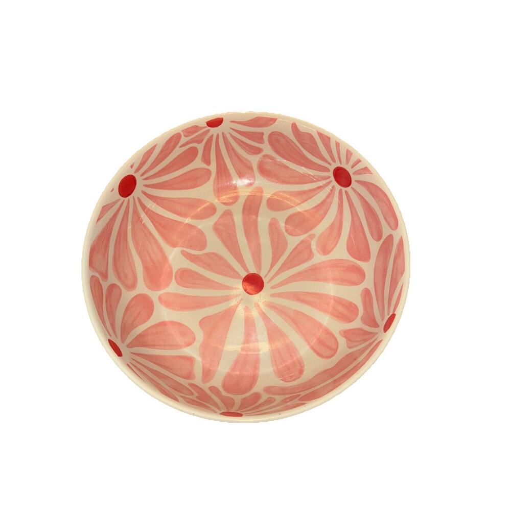 Anthropologie Rise And Shine Ceramics Fruit Bowl Retro Pink Flowers 9 1/2 X 3”